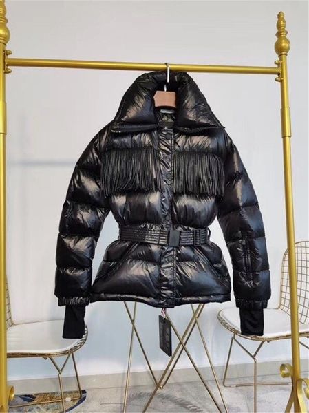 

french brand down jacket for ladies with extra thick down jacket with wavy fringed fringe and floral stand collar women coat with loose, Black