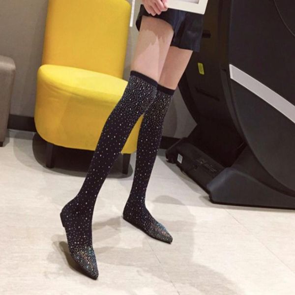 

boots sweet over-the-knee stockings and in 2021 with a flat heel pointed crystal star stretch knit, Black;grey