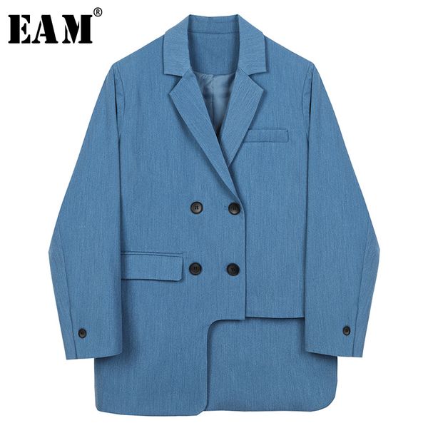

[eam] women irregular blue big size blazer new lapel long sleeve loose fit jacket fashion tide spring autumn 2020 lj201021, White;black