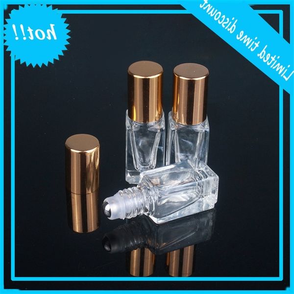 

3ml essential oil perfume bottles square clear glass roll on bottle with gold/silver cap stainless steel roller
