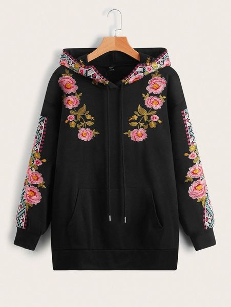 

emery rose floral embroidery drawstring hoodie a9tk#, White;black
