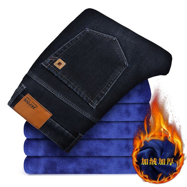 

large size 40 42 44 46 2021 winter new men's warm thick jeans slim fit straight elastic business casual fleece trousers brand, Blue