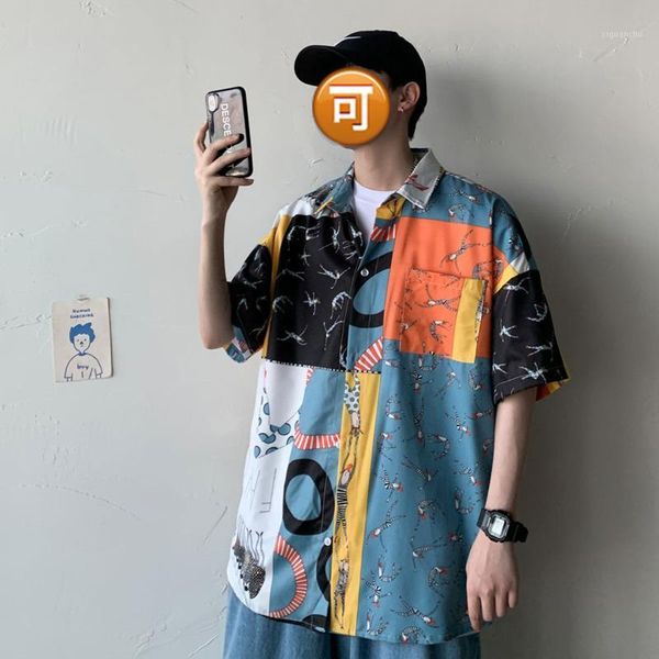 

men's short-sleeved shirt 2020 spring and summer new loose printed stitching short-sleeved shirt young fashion men's fashion1, White;black