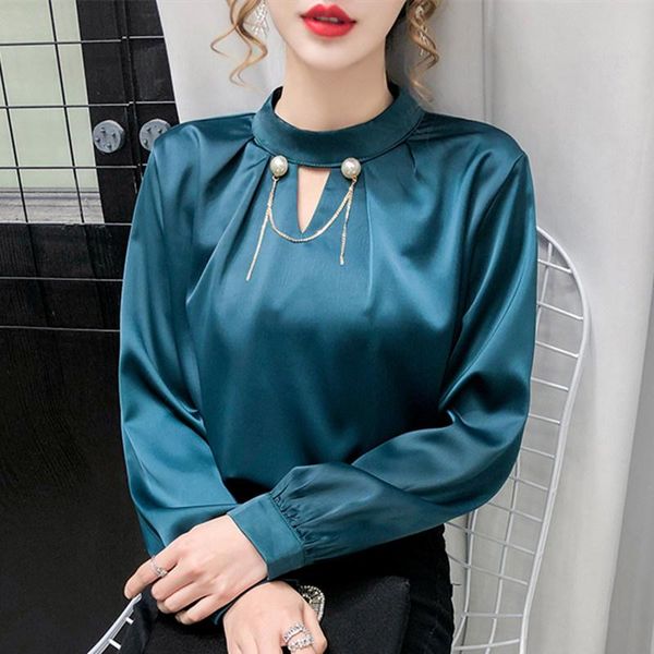 

women's blouses & shirts silk blouse women satin long sleeve shirt solid beading woman white elegant plus size