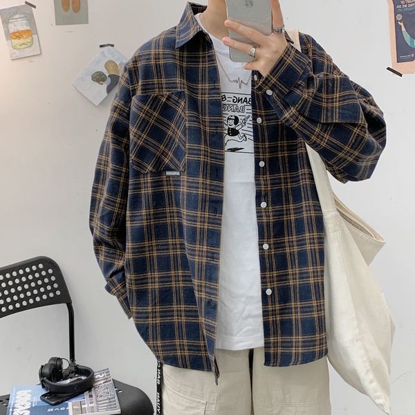 

2021 new privathinker men's vintage plaid long sleeve woman fashion oversized blouse black shirt casual man clothing rc22, White;black