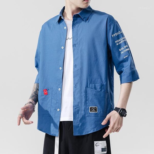 

2020 mens summer dress shirts casual blouse regular fit three quarter sleeve shirts for men hemden herren chemise blanche homme1, White;black