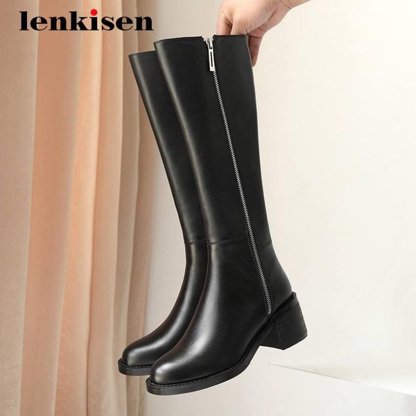 

lenkisen high street fashion natural leather comfortable round toe thick high heel zipper beauty lady dating knee-high boots l37, Black