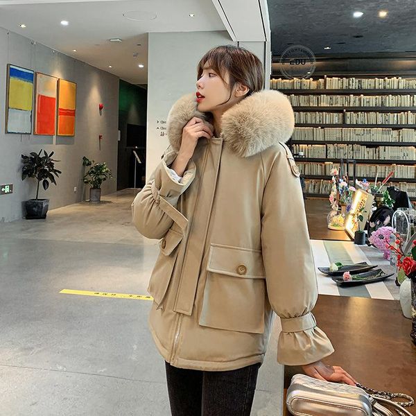 

fashion warm cotton liner parker parkas 2021 new winter jacket women short hooded parka female casual fur collar jacket, Black