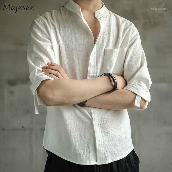 

men's casual shirts men stand collar short-sleeve cotton linen breathable thin solid simple all-match mens large-size 5xl leisure loos, White;black