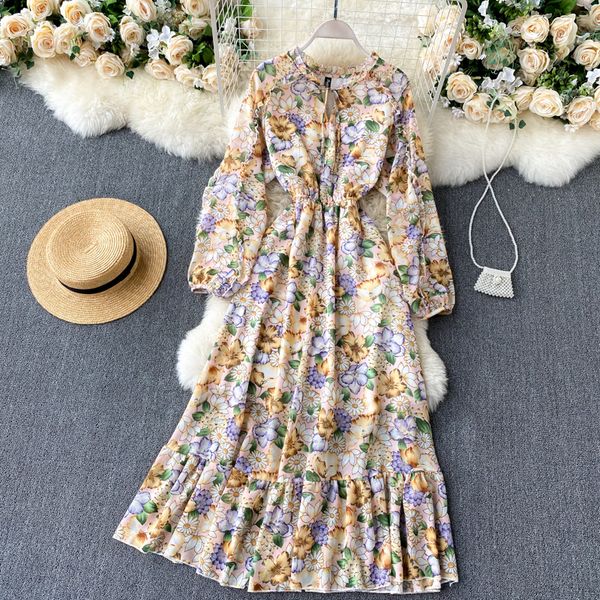 

2021 new female singiny chiffon print puff neck holiday line dressed autumn maxi dress 6cmo, Black;gray