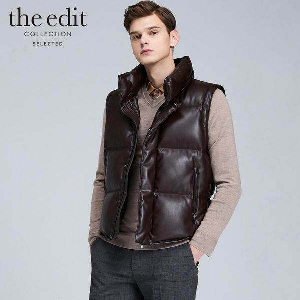 

men stand-up collar pu waistcoat sleeveless down jacket vest|419452505, Black