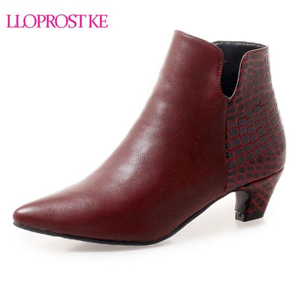 

boots lloprost ke autumn black pointed toe women med heel ankle motorcycle zip ladies shoes plus size 32-46 d204