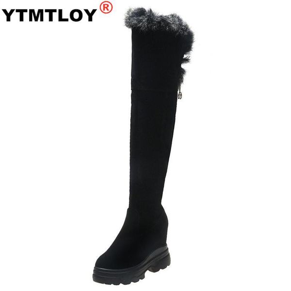 

brown plus big size over-the-knee boots women fashion winter platform med heels shoes woman solid flock black riding boot fur