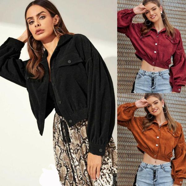

women autumn winter corduroy jacket short outerwear streetwear button crop vintage casual loose jacket coat1, Black;brown