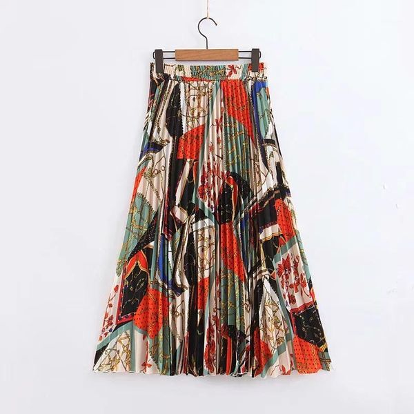 

klacwaya women new chain pattern skirts 2020 summer beach ladies chic pleated midi skirts boho girls high waist skirt jupe femme1, Black