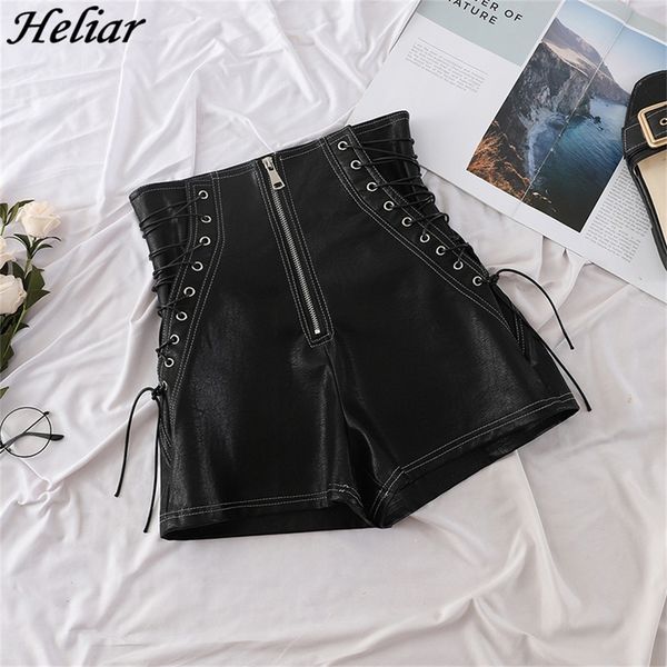 HELIAR Frauen Schwarz Leder Shorts Kreuz Verband Kurze Hosen Mode High Street Solid PU Shorts Schlank Sexy Hot Short 2020 sommer LJ200820