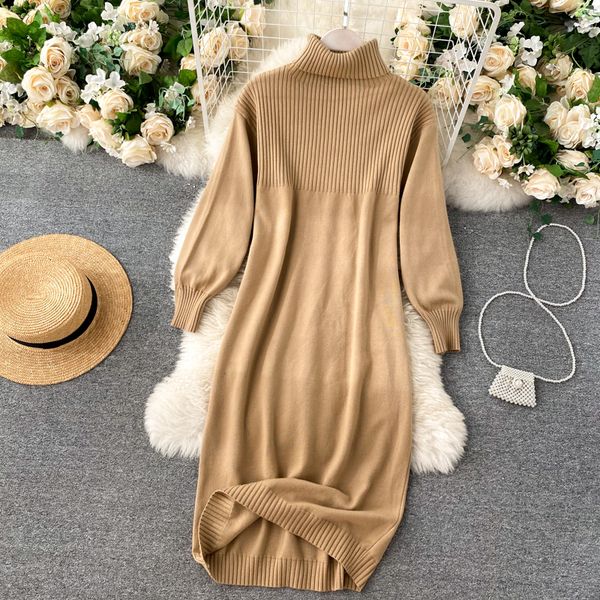 

2021 new women's high knitted collar dressed puff loose dress elastic fall bj9a, Black;gray