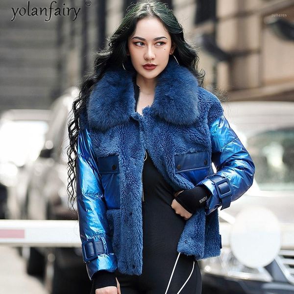 

women's real fur coat fur collar wool jacket autumn winter down coat women clothes 2020 korean sheep shearling warm qbl19051, Black