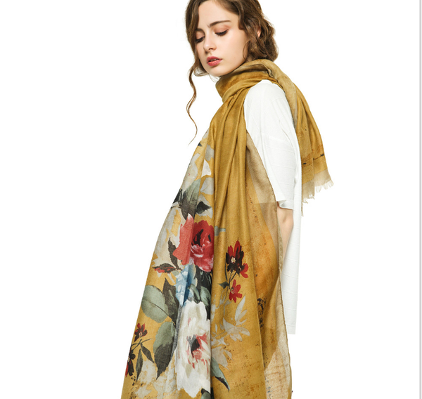 

scarves yishine 2021 big rose elegant printing scarf, Blue;gray