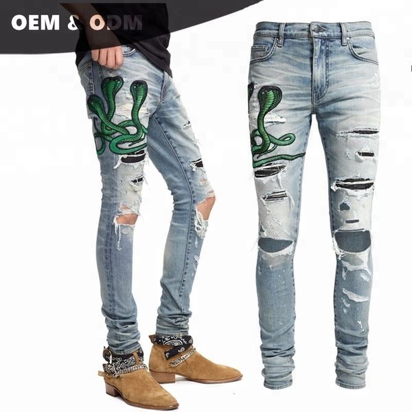 

oem men hand spalattered distressed denim with mixed pattern patches jeans