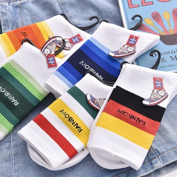 

colorful rainbow socks children's silk silk candy stockings striped stockings ins trendy korean candy men's summer thin afrfn, Black