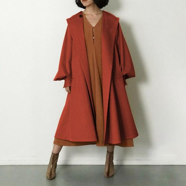 

women coats loose long lantern sleeve button solid pleated autumn jackets plus size casual crew neck office outerwears, Black;brown