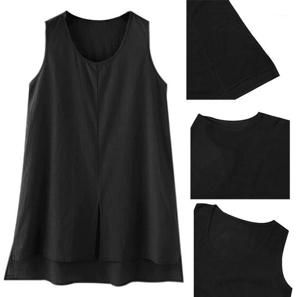 

summer cotton linen blouse women sleeveless tanks vintage solid loose tunic split shirt1, White