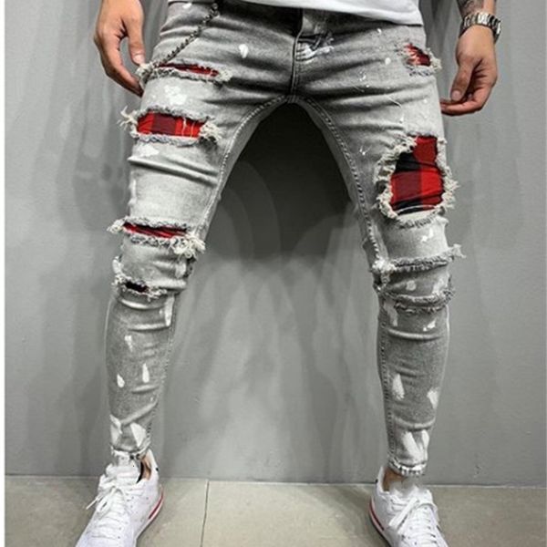 

men's spring ripped holes ankle length jeans wholesale 2021 fashion no ironing paint washing raw ee slim feet, Blue