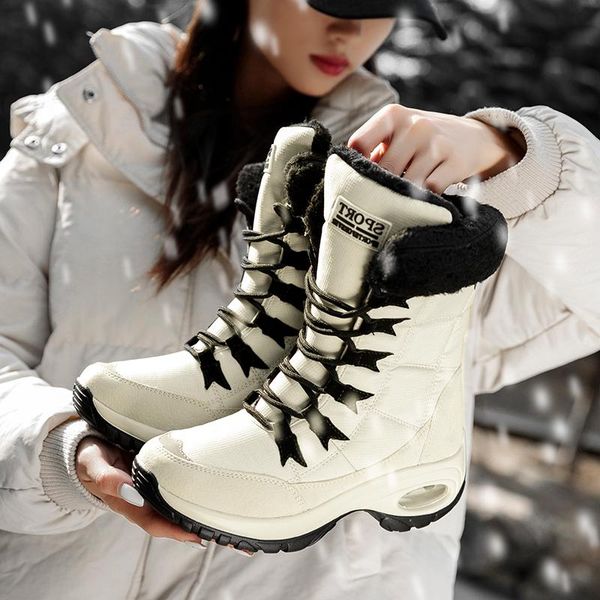 

winter waterproof quality women boots keep warm mid-calf snow boots ladies lace-up comfortable chaussures femme, Black