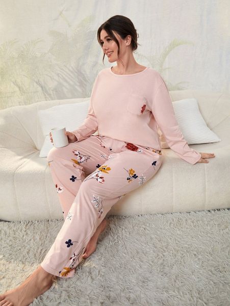 

plus floral print patched pocket pj set h6vu#, Black;white