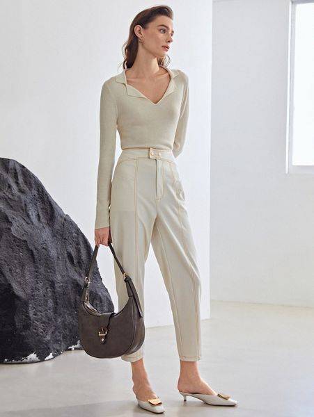 

motf premium viscose contrast stitch cropped pants a5ys#, Black;white