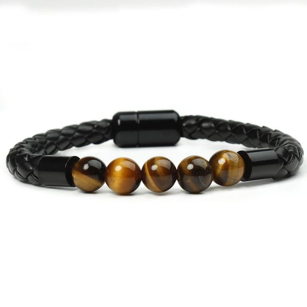 

black magnetic buckle bracelet 8 mm agate tiger eye beads string leather bracelets, Golden;silver