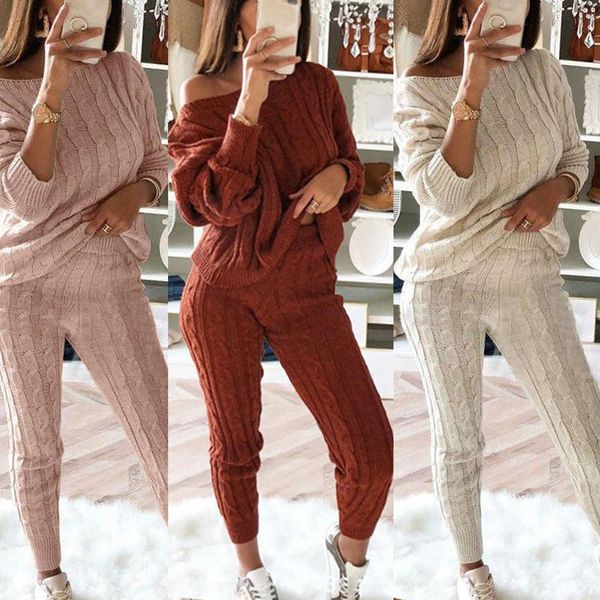 

2pcs winter solid color off shoulder sweater pants women knitted pajamas set c1103, Gray
