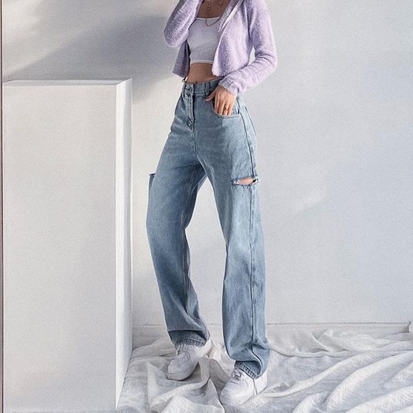 

europe chic hole women's denim jeans spring european bf wind loose ripped legs high waist wide leg trousers ldx8, Blue