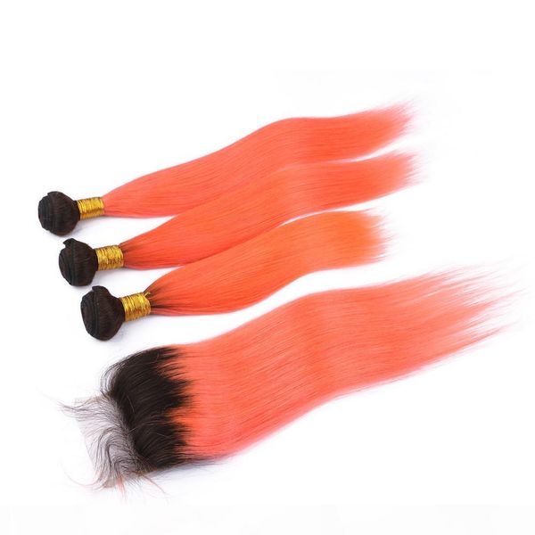 

virgin brazilian ombre orange human hair bundles with closure straight #1b orange dark root ombre weave bundles with lace closure 4x4, Black;brown