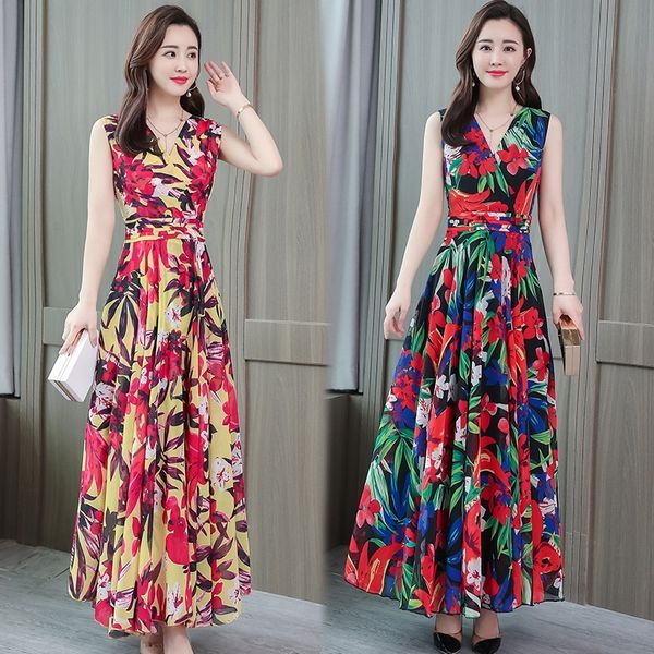 

8cpxy 2020 skirtlong бич skirtsummer новое корейское длинное платье с тонкой талией печать v-образного вырез юбки юбки пляж богемных 14xxz, Black;gray