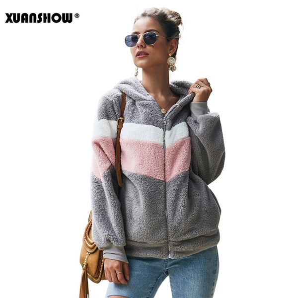 

xuanshow 2019 winter keep warm clothes women hoodies sweatshirts loose zipper long sleeve pocket stitching plush jacket coat, Black