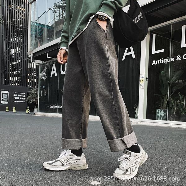 

black wide-leg jeans men's loose tide brand ins new wild simple straight retro daddy trousers, Blue