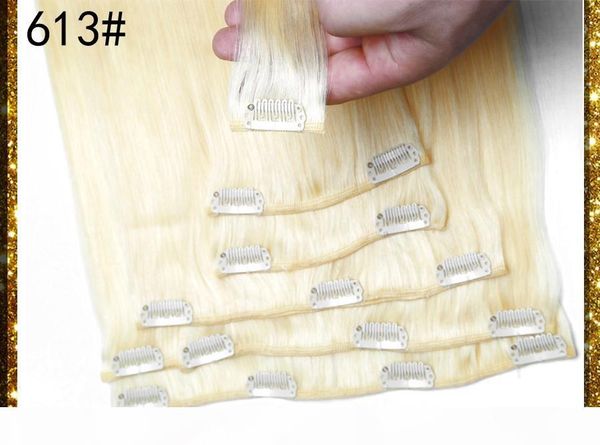 

популярные цвет светлый блондин 613 # remy зажим в человеческих волос 100g 120g 140g 160g 180g 7 8 10шт деве бразильца прямой зажим в выдвиж, Black