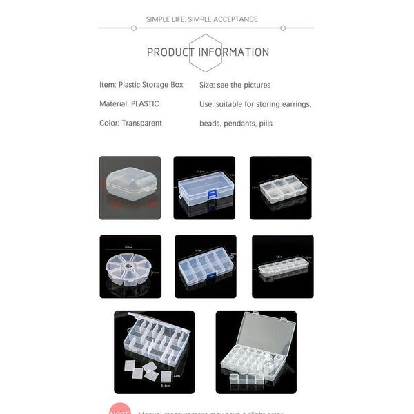

9 sizes plastic storage jewelry box compartment adjustable container for beads earring box for jewelry rectangle jllhog, Black;white