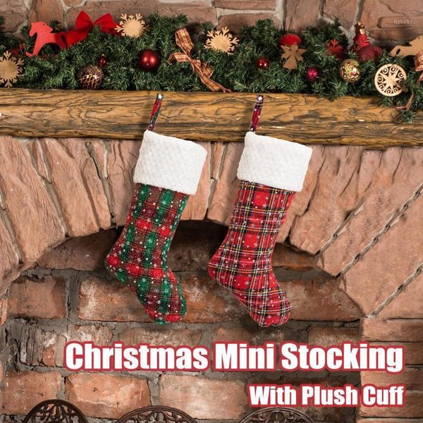 

mini christmas stockings plaid with plush cuff stocking decor gift bag sock candy gift bag for kids xmas tree hang decor #t1p1
