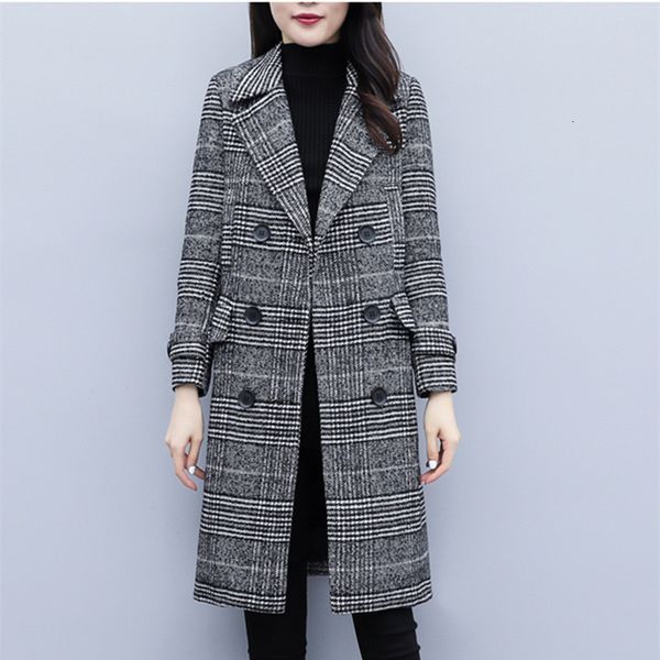 

new style in autumn winter 2020 women plaid cashmere coat fashion warm jacket women's long overcoat plus size, Black