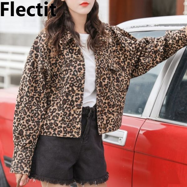 

flectit women leopard denim jacket loose-fit long sleeve bomber jackets vintage animal print jeans jacket 201017, Black;brown