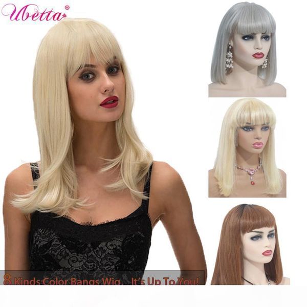 

ubetta 100% real hair wigs human hair short bob lace front wig with full bangs 1b613 blonde black 1b27 gray pink remy wigs, Black;brown