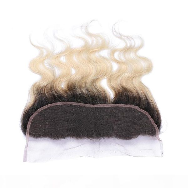 

1b 613 blonde ombre богородицы перуанского тело волнового шнурок волос фронтальное закрытие отбеленные узлы 13x4 полного шнурок фронтальной, Black;brown