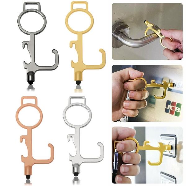 

portable touch screen opener contactless door opener alloy handle safety keychain protection phone use by elevator, Silver