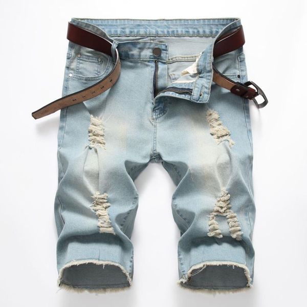 

men summer new style ripped straight simple denim shorts jeans men korean trend loose casual beach five-point pants short, Blue