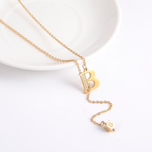 

my shape crystal letter b o necklaces for women square pendant necklace stainless steel sweater long link chain fashion jewelry, Silver