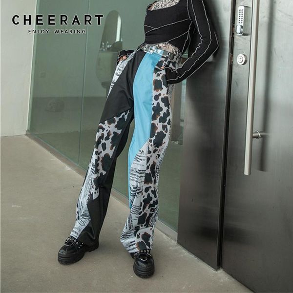 

cheerart 2020 fall fashion patchwork jeans women high waisted straight leg pants denim trousers aesthetic streetwear pants1, Blue