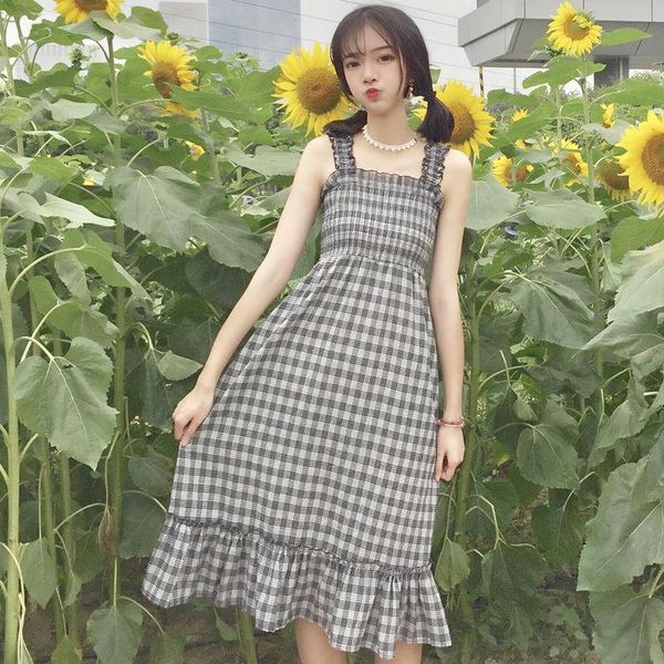 

casual summer plaid dress women summer female cute elegant dresses 2021 sleeveless kawaii girl dress vestidos beach dress, Black;gray